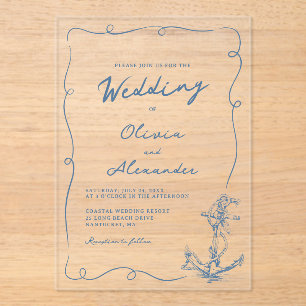 Invitaciones Acrílicas Boda caprichosa de ancla náutica dibujada a mano