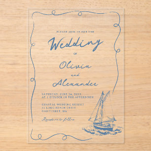 Invitaciones Acrílicas Boda caprichosa de barco de vela náutico dibujado 