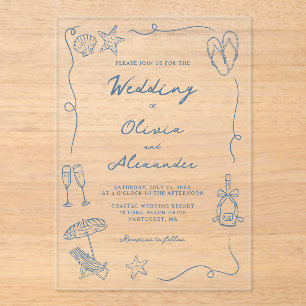Invitaciones Acrílicas Boda caprichosa de dibujo a mano en la playa azul