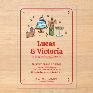 Invitaciones Acrílicas Boda Caprichosa Rojo Atrevido Dibujado a Mano de M