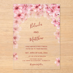 Invitaciones Acrílicas Boda Casual Arqueada Blanca Flor de Cerezo