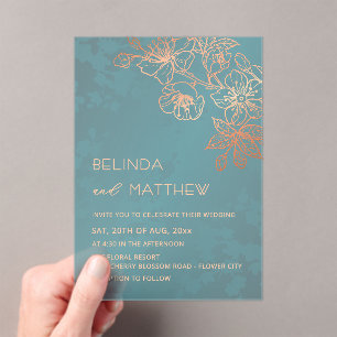 Invitaciones Acrílicas Boda Casual Rose Gold Turquesa Transparente