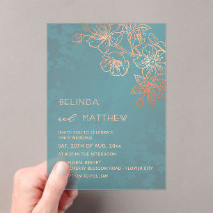 Invitaciones Acrílicas Boda Casual Rose Gold Turquesa Transparente