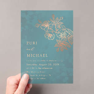 Invitaciones Acrílicas Boda Casual Rose Gold Turquesa Transparente