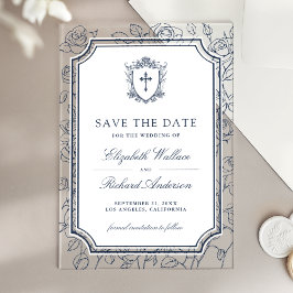 Invitaciones Acrílicas Boda Católica Azul Marino Victoriano, Salvar la Fe