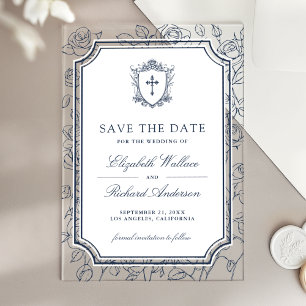 Invitaciones Acrílicas Boda Católica Azul Marino Victoriano, Salvar la Fe