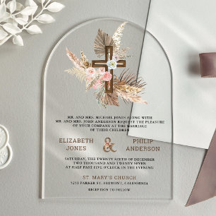 Invitaciones Acrílicas Boda católica con cruz de madera Boho Pampas