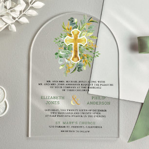 Invitaciones Acrílicas Boda católica de verde follaje dorado