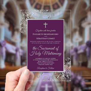 Invitaciones Acrílicas Boda Católica Elegante Ciruela Púrpura y Plata