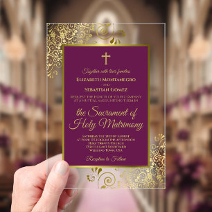 Invitaciones Acrílicas Boda católica elegante de ciruela magenta y dorado