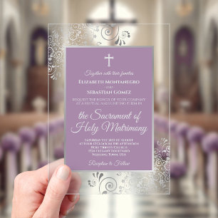 Invitaciones Acrílicas Boda católica elegante de lavanda púrpura y plata