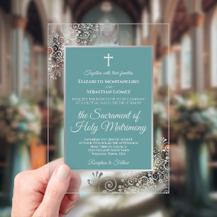 Invitaciones Acrílicas Boda católica elegante de turquesa, verde azulado