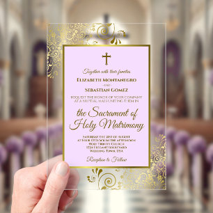 Invitaciones Acrílicas Boda Católica Elegante Lila Púrpura y Dorado