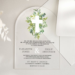 Invitaciones Acrílicas Boda católica Greenery Cross