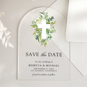 Invitaciones Acrílicas Boda católica Greenery Cross Save the Date