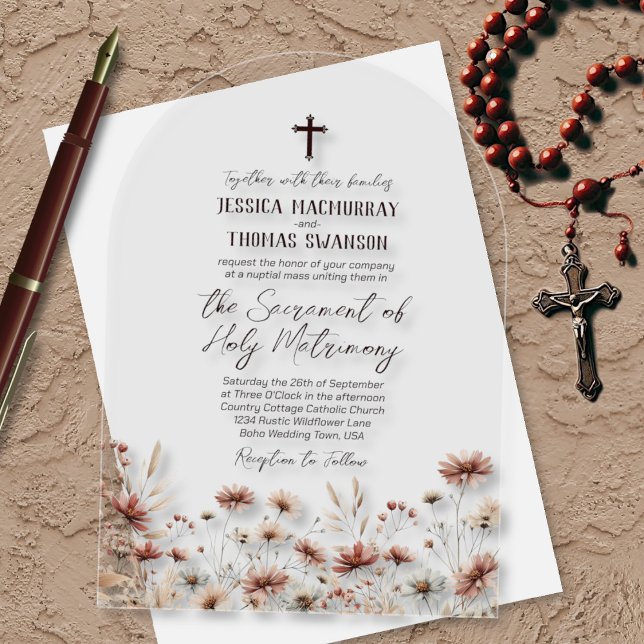 Invitaciones Acrílicas Boda católica moderna boho rústica con flores silv (Clear Acrylic with Arch Cut)
