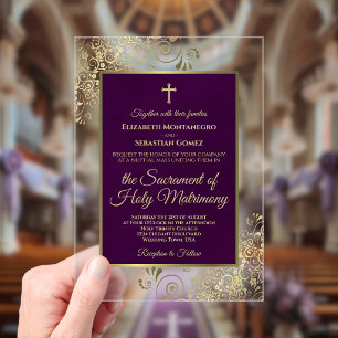 Invitaciones Acrílicas Boda Católica Ornata de Ciruela Elegante Púrpura y