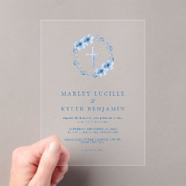 Invitaciones Acrílicas Boda Católico Dusty Blue Floral Cross Minimal