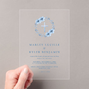 Invitaciones Acrílicas Boda Católico Dusty Blue Floral Cross Minimal