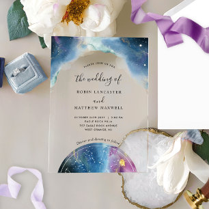 Invitaciones Acrílicas Boda Celestial Chic Azul y Púrpura Acuarela