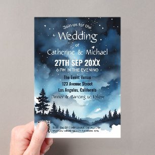 Invitaciones Acrílicas Boda Celestial de Cielo Estrellado Azul Acuarela