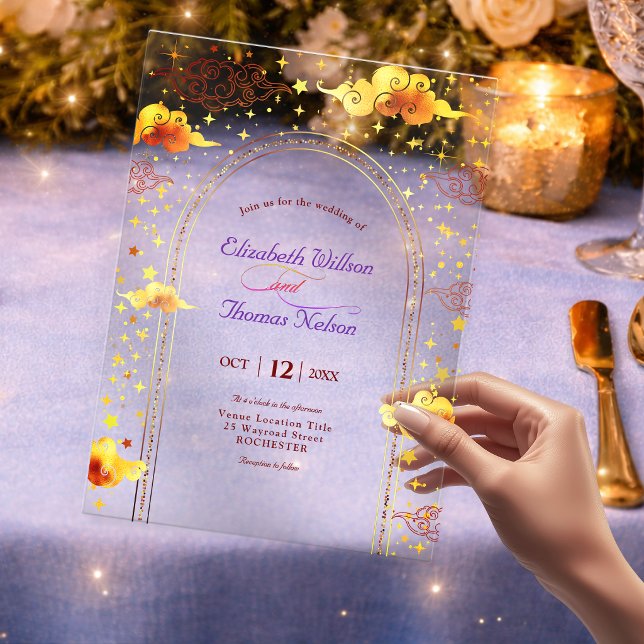 Invitaciones Acrílicas Boda celestial mística soñadora de Oro Amarillo (Subido por el creador)