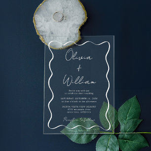 Invitaciones Acrílicas Boda Chic con Marco Ondulado de Letra Blanca