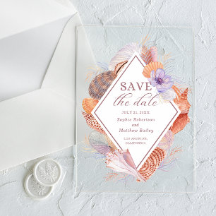 Invitaciones Acrílicas Boda Chic Costera Acuarela Conchas de Playa