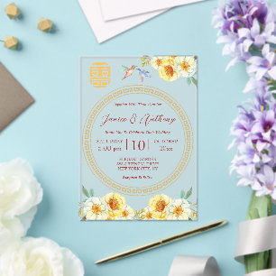 Invitaciones Acrílicas Boda china elegante pájaro floral amarillo rojo