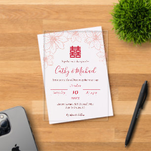 Invitaciones Acrílicas Boda china floral roja y beige boho