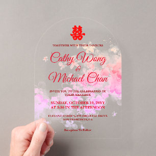 Invitaciones Acrílicas Boda china moderna de flor de cerezo acuarela
