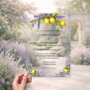Invitaciones Acrílicas Boda clara de lujo con florales de lavanda y limon
