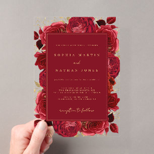 Invitaciones Acrílicas Boda Clara Rosa Elegante Roja Y Dorada