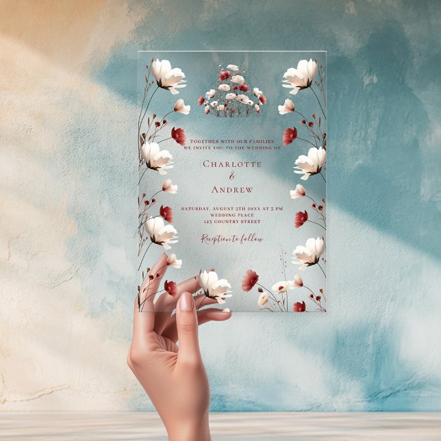 Invitaciones Acrílicas Boda claro de boho burgundy crema de flor silvestr (Subido por el creador)