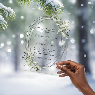 Invitaciones Acrílicas Boda claro del marco plateado verde salchicha