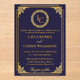 Invitaciones Acrílicas Boda Clásica con Marco de Oro y Monograma Real