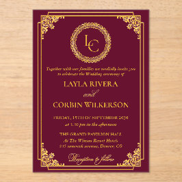 Invitaciones Acrílicas Boda Clásica con Marco de Oro y Monograma Real