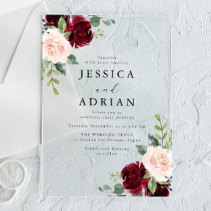 Invitaciones Acrílicas Boda Clásica de Acuarela Floral Burgundy y Rubor