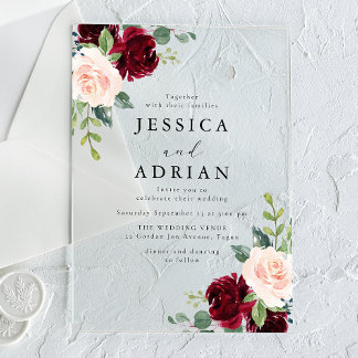 Invitaciones Acrílicas Boda Clásica de Acuarela Floral Burgundy y Rubor
