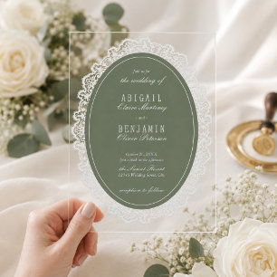 Invitaciones Acrílicas Boda Clásica de Encaje Floral Verde Salvia Vintage
