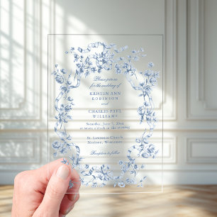 Invitaciones Acrílicas Boda Clásica de Flores y Cintas Azules Francesas