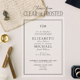 Invitaciones Acrílicas Boda Clásica de Monograma Blanco Elegante