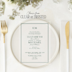 Invitaciones Acrílicas Boda Clásica de Monograma Verde Esmeralda Elegante