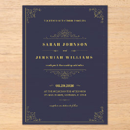Invitaciones Acrílicas Boda clásica elegante de color azul marino y dorad