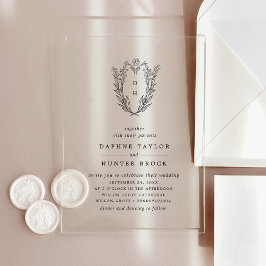 Invitaciones Acrílicas Boda Clásica Vintage Monograma Floral DAPHNE