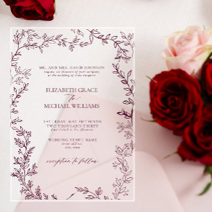 Invitaciones Acrílicas Boda clásico elegante y formal de Leafy de Borgoña
