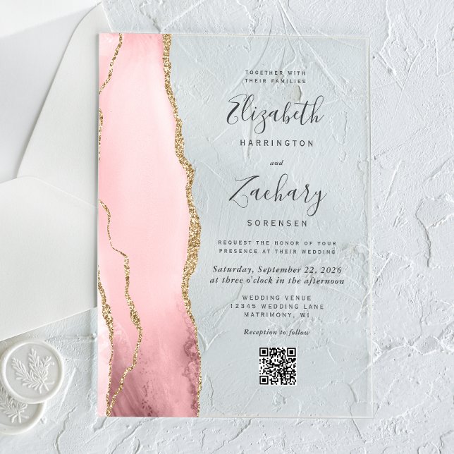 Invitaciones Acrílicas Boda Código QR Ágata Rosa Rubor Oro (Subido por el creador)