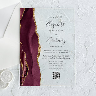 Invitaciones Acrílicas Boda Código QR de Ágata Dorada Borgoña