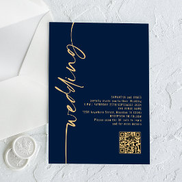 Invitaciones Acrílicas Boda Código QR Escritura Azul Marino Dorado