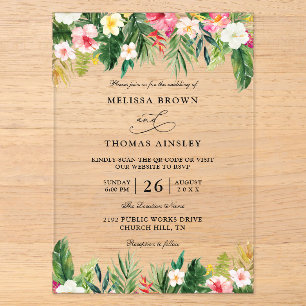 Invitaciones Acrílicas Boda Código QR Presupuesto Flores Tropicales Acuar